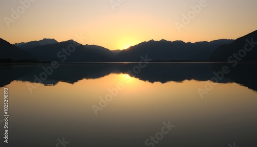 Tranquil Dusk The Golden Embrace of Mountains and Water, Sunrise over the lake