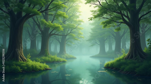 Serene forest landscape with a tranquil pond