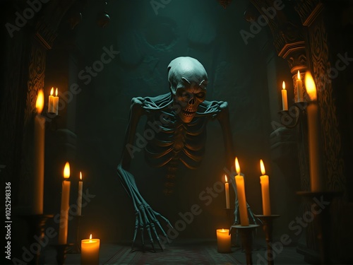 spooky skeleton in the dark with candles