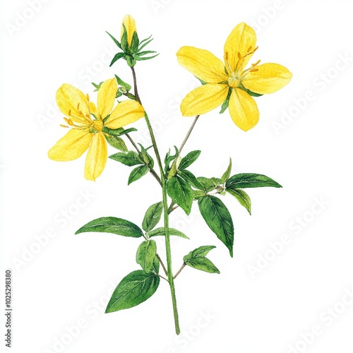 Detailed closeup of bright yellow hypericum perforatum flower (commonly known as goatweed or St. John's-wort). Illustration in watercolor on white background.