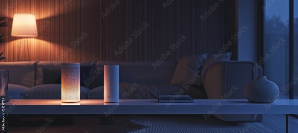 Tech Gadget Banner for Smart Home Device in Modern Minimalist Living Room Design Tech Gadget Banner for Smart Home Device in Modern Minimalist Living Room Design
