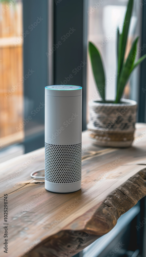 Smart Home Voice Assistant on a Wooden Table with Stylish Plant in Modern Interior Setting Smart Home Voice Assistant on a Wooden Table with Stylish Plant in Modern Interior Setting