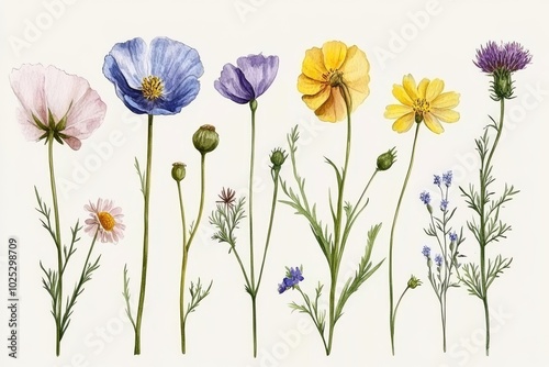 An illustration using watercolor flowers on a white background without shadows.