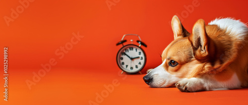 tired sleepy pembroke corgi dog on the floor looking at alarm clock time isolated orange background