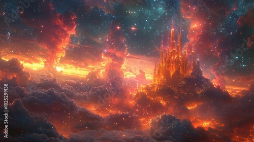 This mesmerizing artwork features a fantastic city bathed in orange and gold light, floating among colorful clouds in a starry universe.