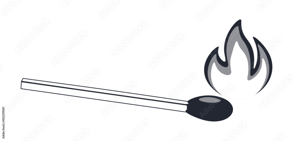 Graphic match with fire. Vector illustration of dark match with fire flame silhouette isolated on white background. Match lit by fire. Logo. Banner. Hot. Lighting a gas tile burner with a match. Graphic match with fire. Vector illustration of dark match with fire flame silhouette isolated on white background. Match lit by fire. Logo. Banner. Hot. Lighting a gas tile burner with a match.