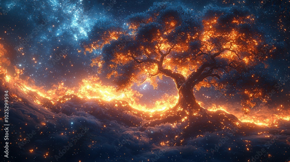 A surreal, artistic depiction of a luminous tree surrounded by cosmic elements and flames, creating a mesmerizing scene of nature and space.