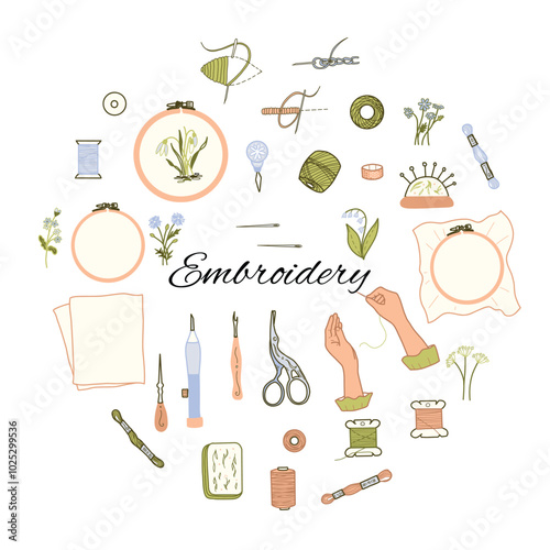 Embroidery set. Hand drawn Vector illustration. Needlework Tools, Threads Spools, Needles and sewing woman hands in doodle style. Colored art isolated on white background.