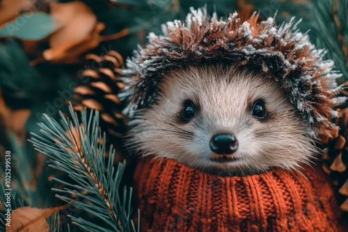 The adorable hedgehog, dressed in a warm sweater and hat, sits nestled in vibrant autumn foliage and pine needles under natural light photo