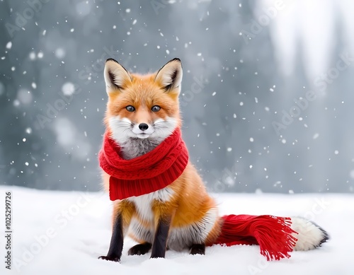 A Christmas fox wearing a red scarf enjoys a snowy landscape during winter at sunset