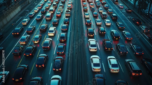 traffic stuck at a bottleneck on a highway, illustrating congestion and delay