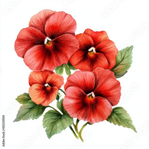 Isolated watercolor red pansy on white background. Beautiful pansy flower