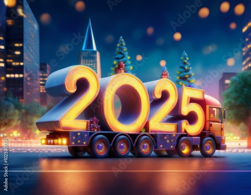 A toy truck carrying three-dimentional digits 2025, a small town and trees in the background. Transport company concept, congratulation, postcard. Evening.