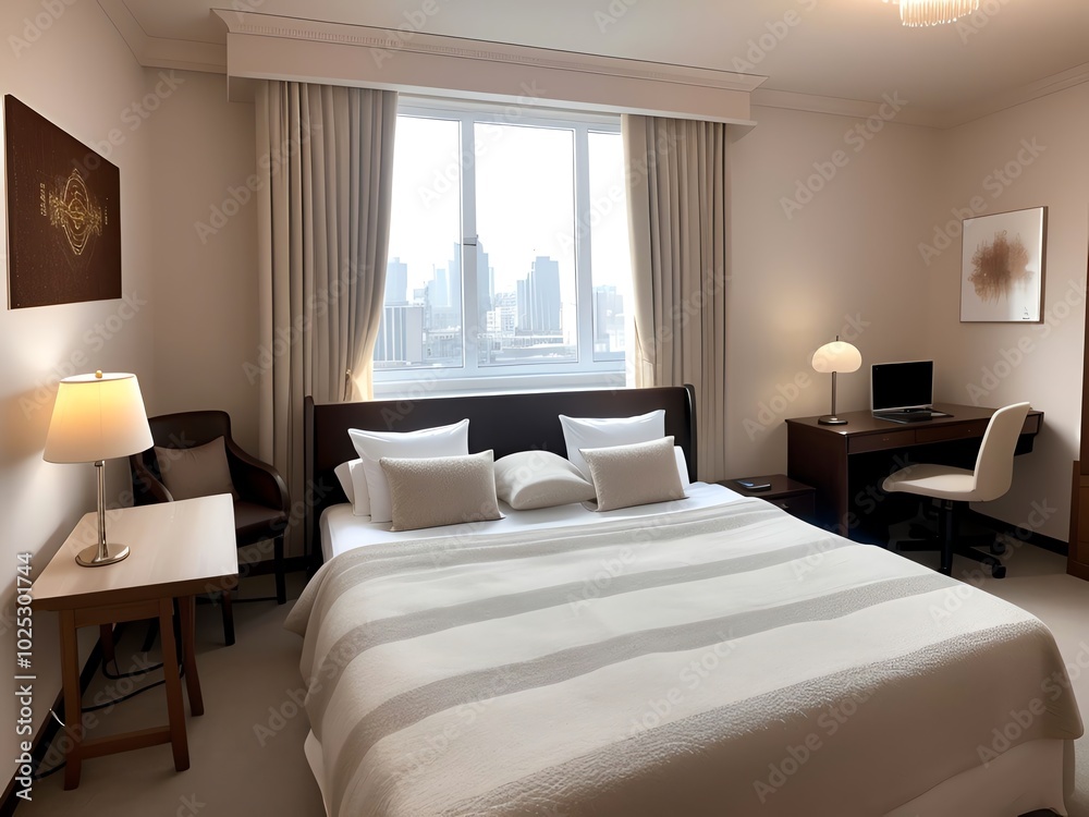 hotel room interior with wooden furniture and curtain hotel room interior with wooden furniture and curtain
