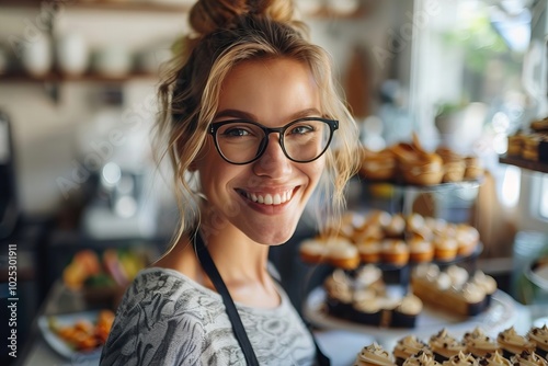 Gorgeous woman in glasses graciously declining a tempting slice of cake with a smile. photo