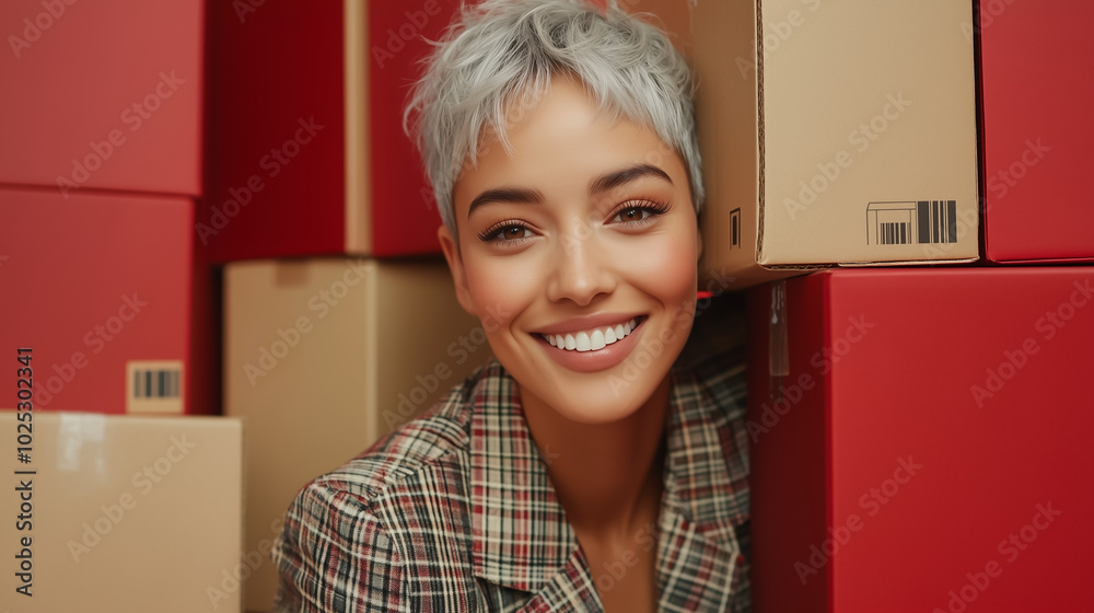 A cheerful portrait of a woman with short, stylish silver hair, smiling brightly. She is surrounded by stacks of cardboard boxes to shipping or moving. The color contrast. Positivity, roductivity A cheerful portrait of a woman with short, stylish silver hair, smiling brightly. She is surrounded by stacks of cardboard boxes to shipping or moving. The color contrast. Positivity, roductivity