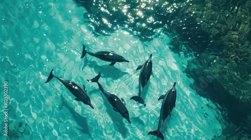 Aerial View of Dolphins Gliding Through Crystal Clear Tropical Waters for Marine Life Design