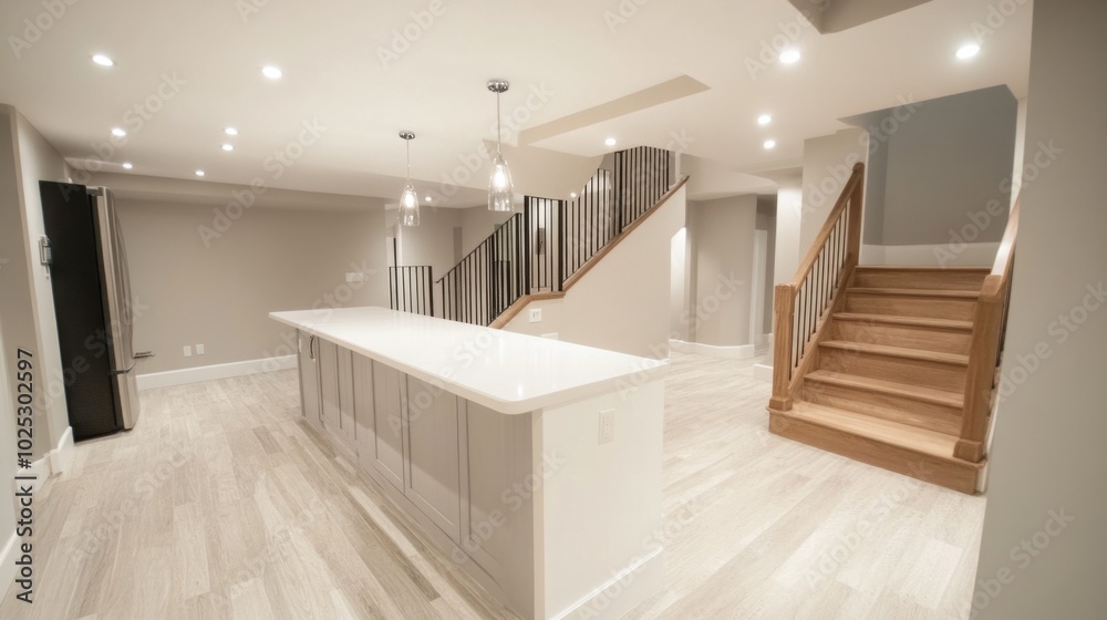 white countertop and an elegant staircase, interior design concept generative ai white countertop and an elegant staircase, interior design concept generative ai