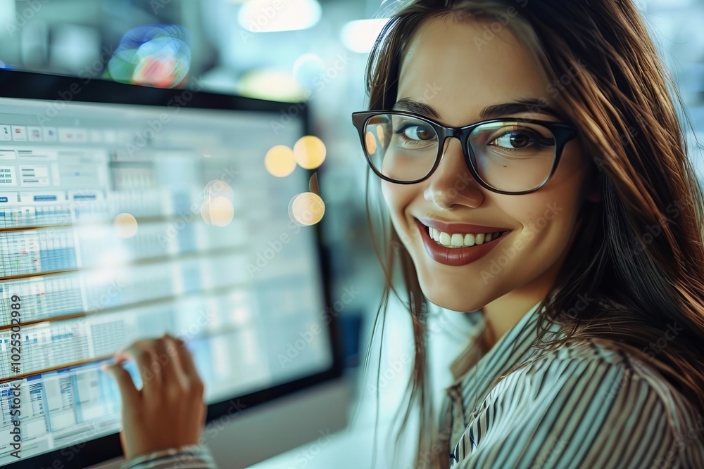 Stylish Woman in her Thirties with Long Brown Hair and Glasses, Smiling and Working on Gantt Charts Project on Digital Computer Technology