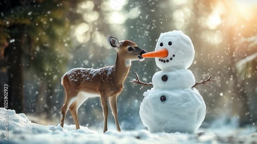Winter wonderland scene. Curious deer interacting with a snowman in a snowy forest, gently nibbling its carrot nose in a playful winter scene. Video made using Generative AI
