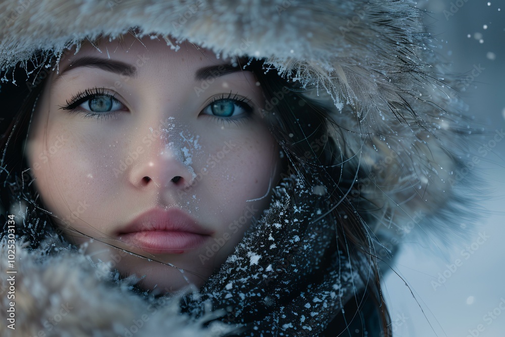Young woman wearing a fur lined coat is facing falling snow Young woman wearing a fur lined coat is facing falling snow