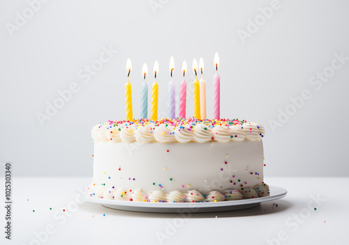 Birthday cake with colorful candles and sprinkles sits on a white background. photo