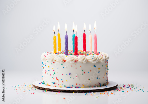 Birthday cake with colorful candles and sprinkles sits on a white background.