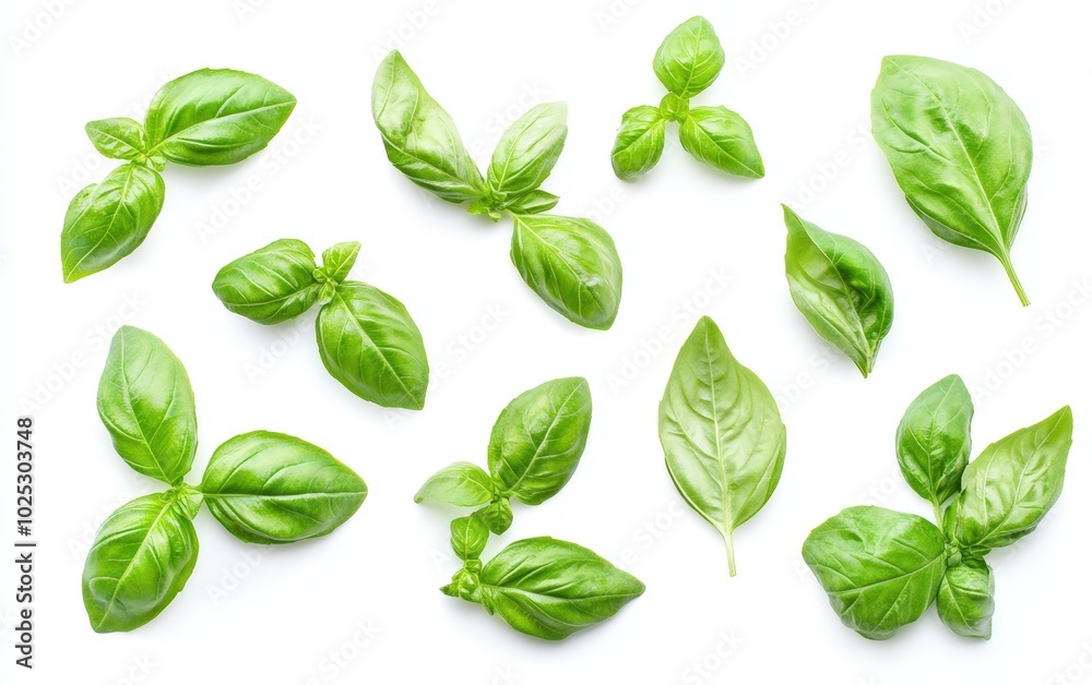 A high-resolution image of fresh, bright green basil leaves isolated on a pure white background. 