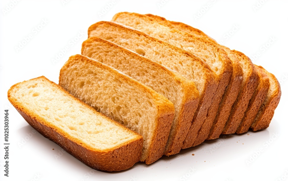 A high-resolution image of freshly baked whole grain bread, sliced and arranged on a pure white background, showcasing the golden crust and textured interior. A high-resolution image of freshly baked whole grain bread, sliced and arranged on a pure white background, showcasing the golden crust and textured interior.
