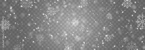 Vector flying snow. Snowfall on isolated transparent background. Christmas or winter background. Snow or snowflakes png.