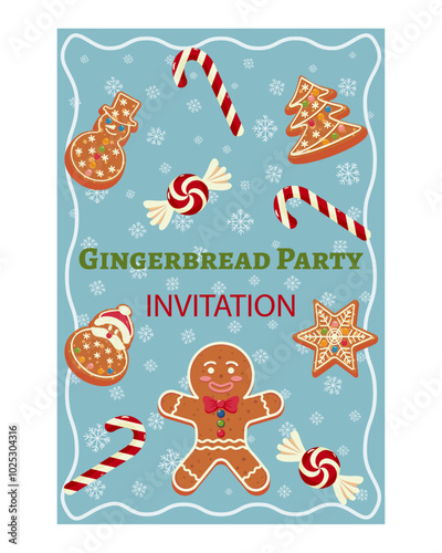 Gingerbread themed party invitation with festive cookies, candy canes, and snowflakes for holiday celebration.  Poster template for invitation to New Year or Christmas party. Vector illustration.