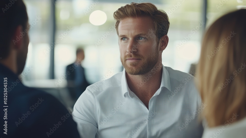 Obraz premium Confident investor in a business discussion, surrounded by colleagues in a modern office. Minimalistic backdrop, highlighting leadership and focus.