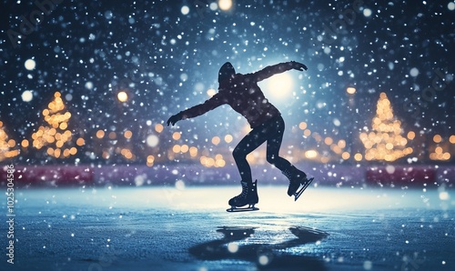 Figure skater executing a jump on a frozen outdoor rink, with falling snow and a festive winter setting