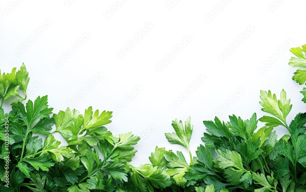 A high-resolution image of vibrant, crisp parsley sprigs isolated on a pure white background. A high-resolution image of vibrant, crisp parsley sprigs isolated on a pure white background.