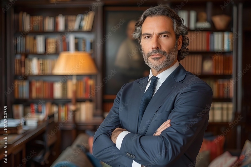 Confident Attorney Poses with Arms Crossed in Office Bookshelf Portrait. Confident Attorney Poses with Arms Crossed in Office Bookshelf Portrait.