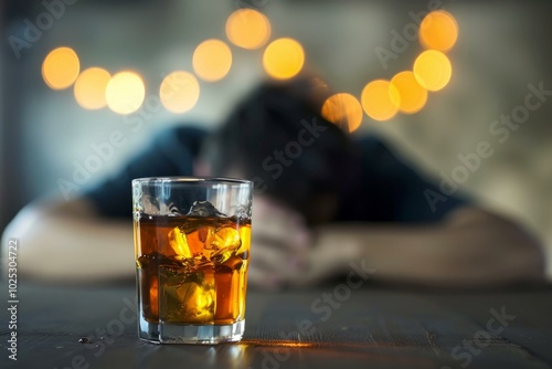 Glass of whiskey with ice on table and drunk man sleeping in the background