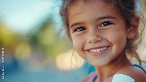 Close-up of a child with a medical bandage on her arm, looking cheerful. Simple setting, highlighting her bravery and positivity.