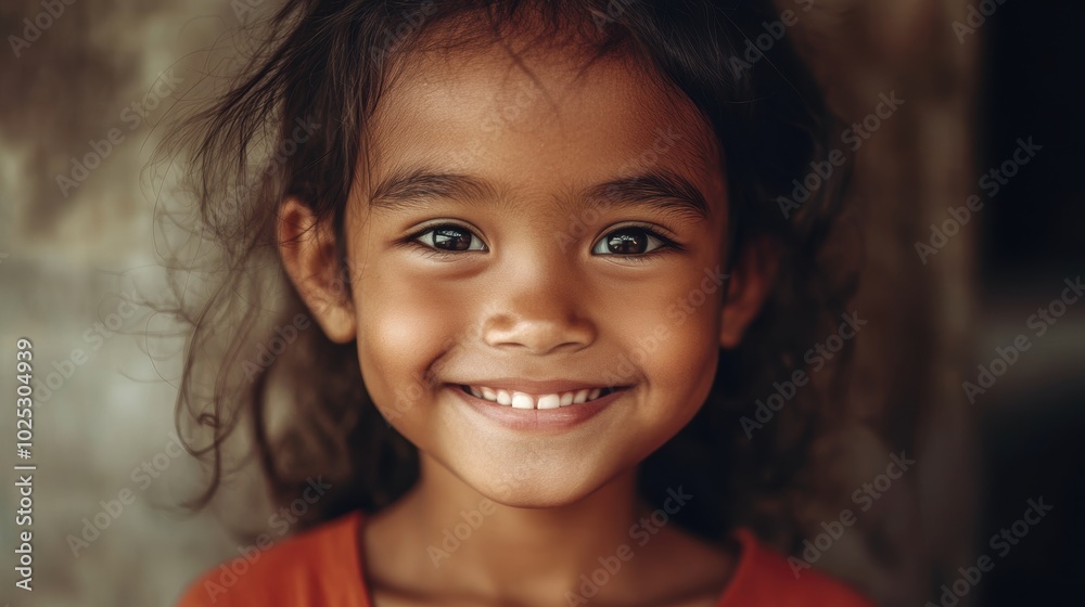 Portrait of a young girl, smiling softly. Minimal background, focusing on her resilience and strength Portrait of a young girl, smiling softly. Minimal background, focusing on her resilience and strength