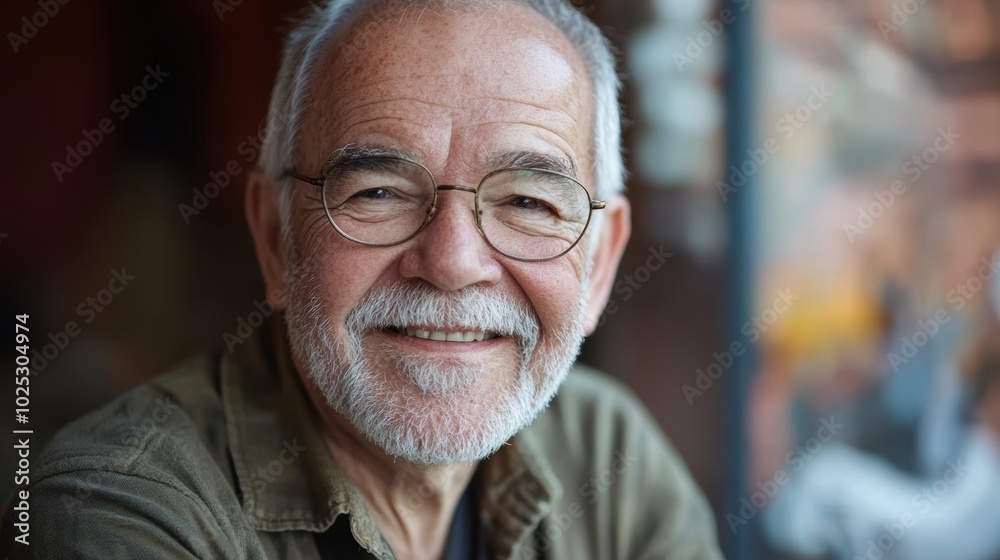 Smiling senior man posing confidently, with a blurred backdrop. Clean and minimalistic portrait.