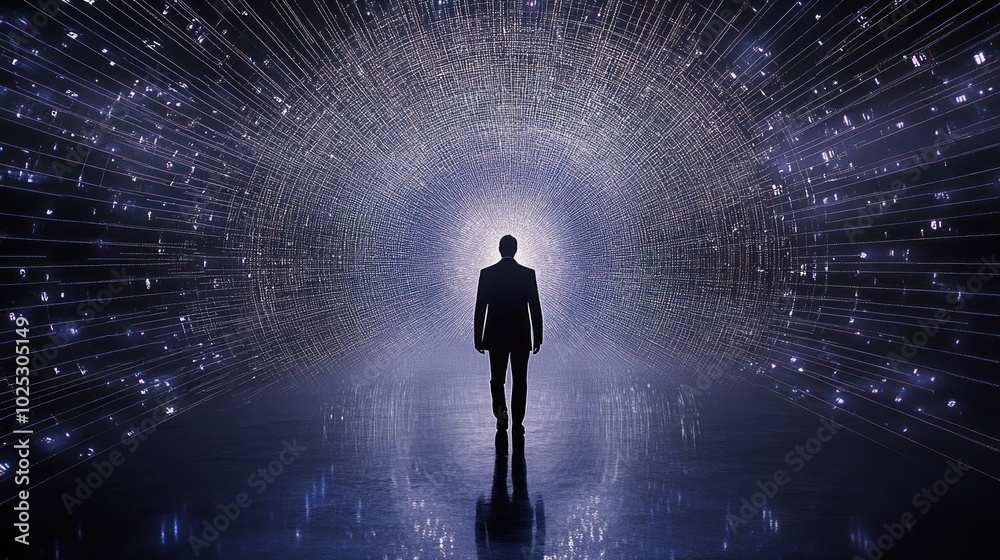 Silhouette of a Man Walking Towards a Glowing Grid-Like Portal Silhouette of a Man Walking Towards a Glowing Grid-Like Portal