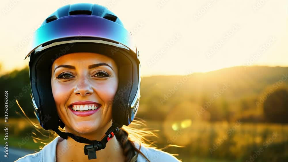 A smiling woman in a helmet enjoying the fresh air while riding a bicycle through a sunny outdoor environment. The expression reflects joy, freedom, and a love for nature. A smiling woman in a helmet enjoying the fresh air while riding a bicycle through a sunny outdoor environment. The expression reflects joy, freedom, and a love for nature.