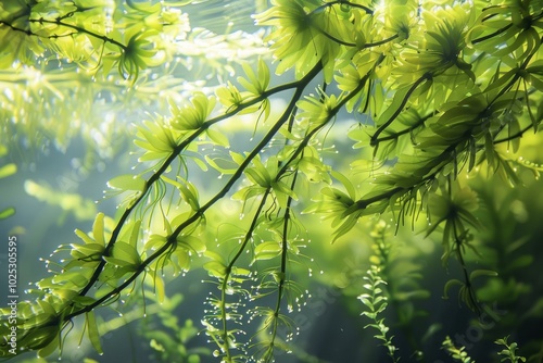 Sunlight illuminating lush green aquatic plants growing underwater in a natural habitat