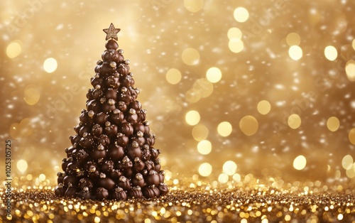 christmas tree made of chocolates with christmas lights and little balls, modren christmas shop on clear golden background  photo