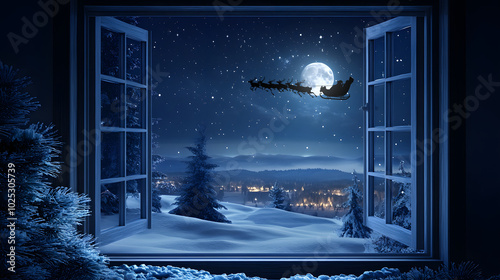 Through a window you see Santa Claus flying in his sleigh to deliver gifts on the beautiful Christmas night under the moonlight