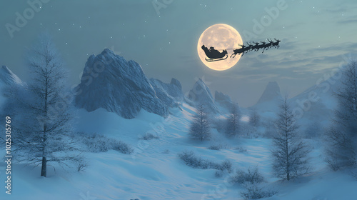 Santa Claus flying on his sleigh in the forest to deliver gifts on the beautiful Christmas night under the moonlight