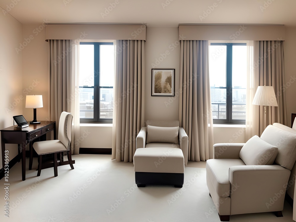 Fototapeta premium modern living room interior with sofa, curtains and artwork on the wall