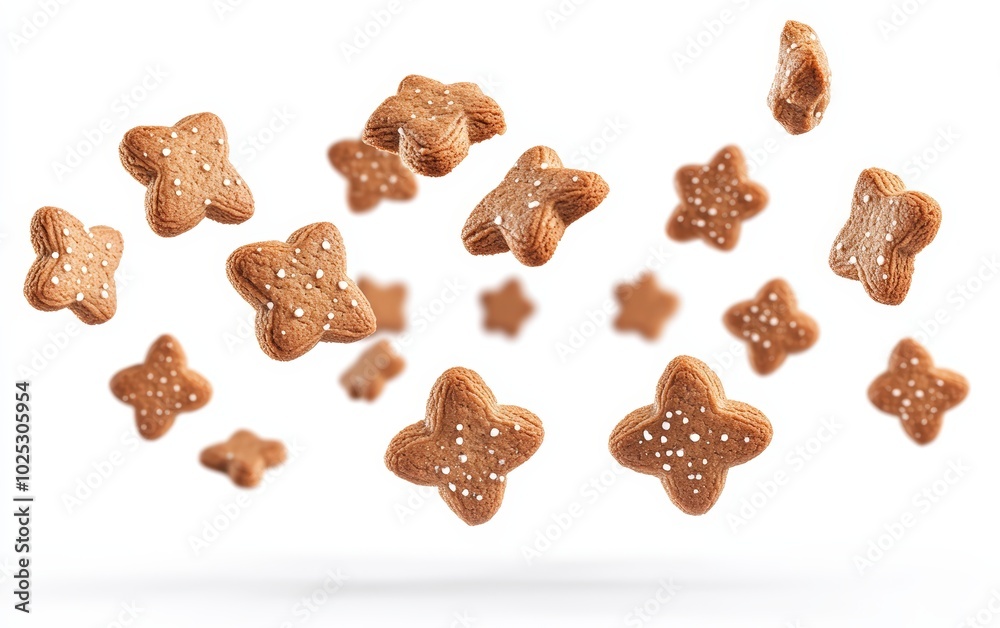 gingerbread cookies flying through the air against a pure white background. 