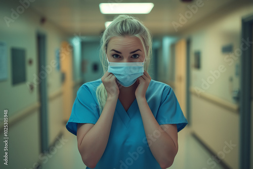 Healthcare worker in blue scrubs prepares for duty in a hospital corridor