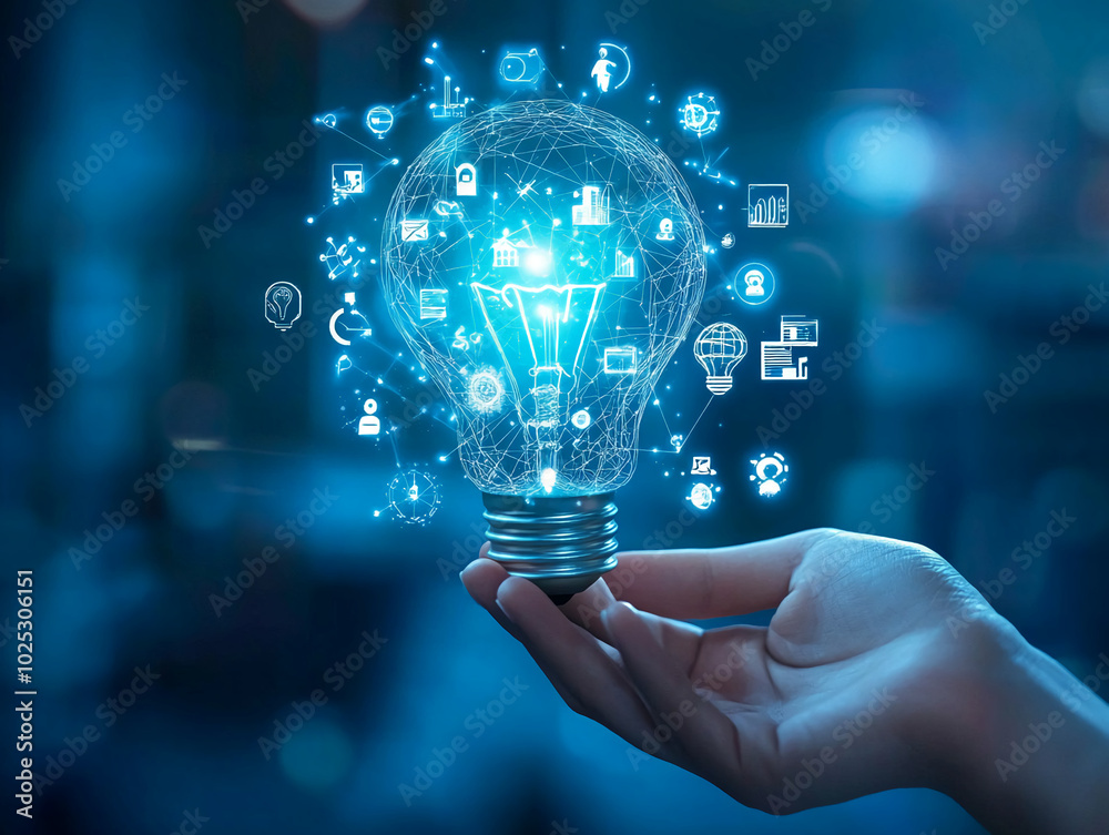 A hand holds a glowing lightbulb with digital icons floating around it
A hand holds a glowing lightbulb with digital icons floating around it