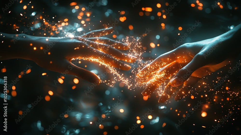 Two hands reach out, surrounded by glowing sparks, symbolizing connection, energy, and synergy in a vibrant, ethereal atmosphere. Two hands reach out, surrounded by glowing sparks, symbolizing connection, energy, and synergy in a vibrant, ethereal atmosphere.
